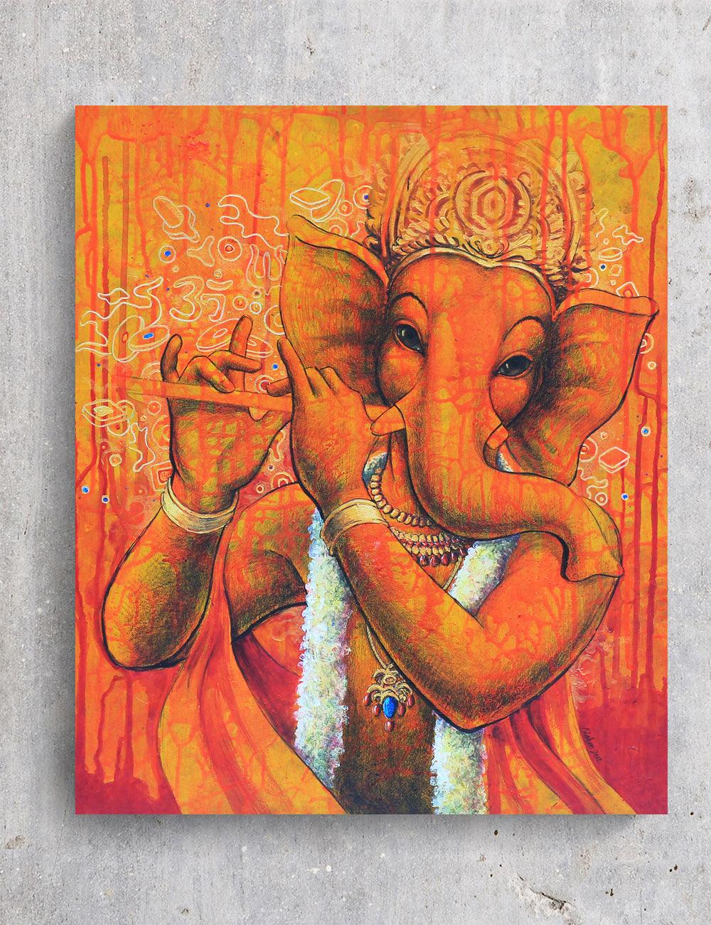 Lord Ganesh with Flute in orange - PRINTS-BF-Ganeshism