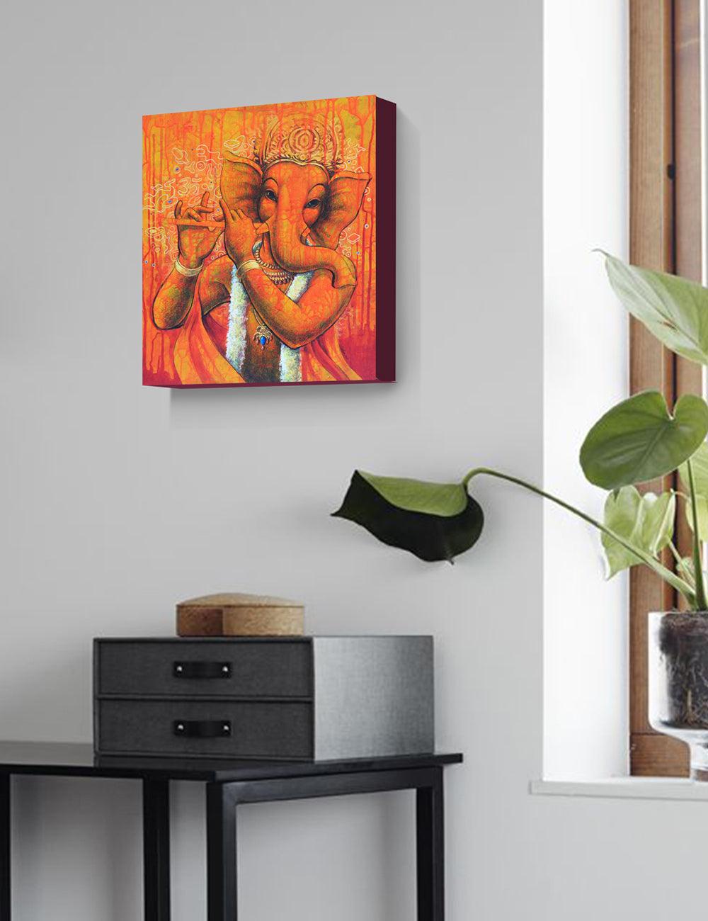 Lord Ganesh with Flute in orange - PRINTS-BF-Ganeshism