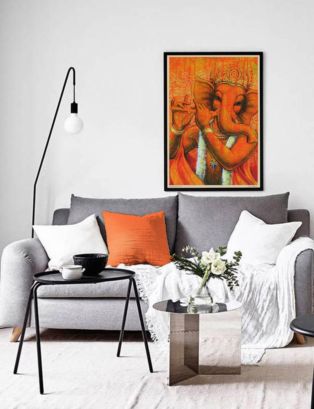 Lord Ganesh with Flute in orange - PRINTS-BF-Ganeshism