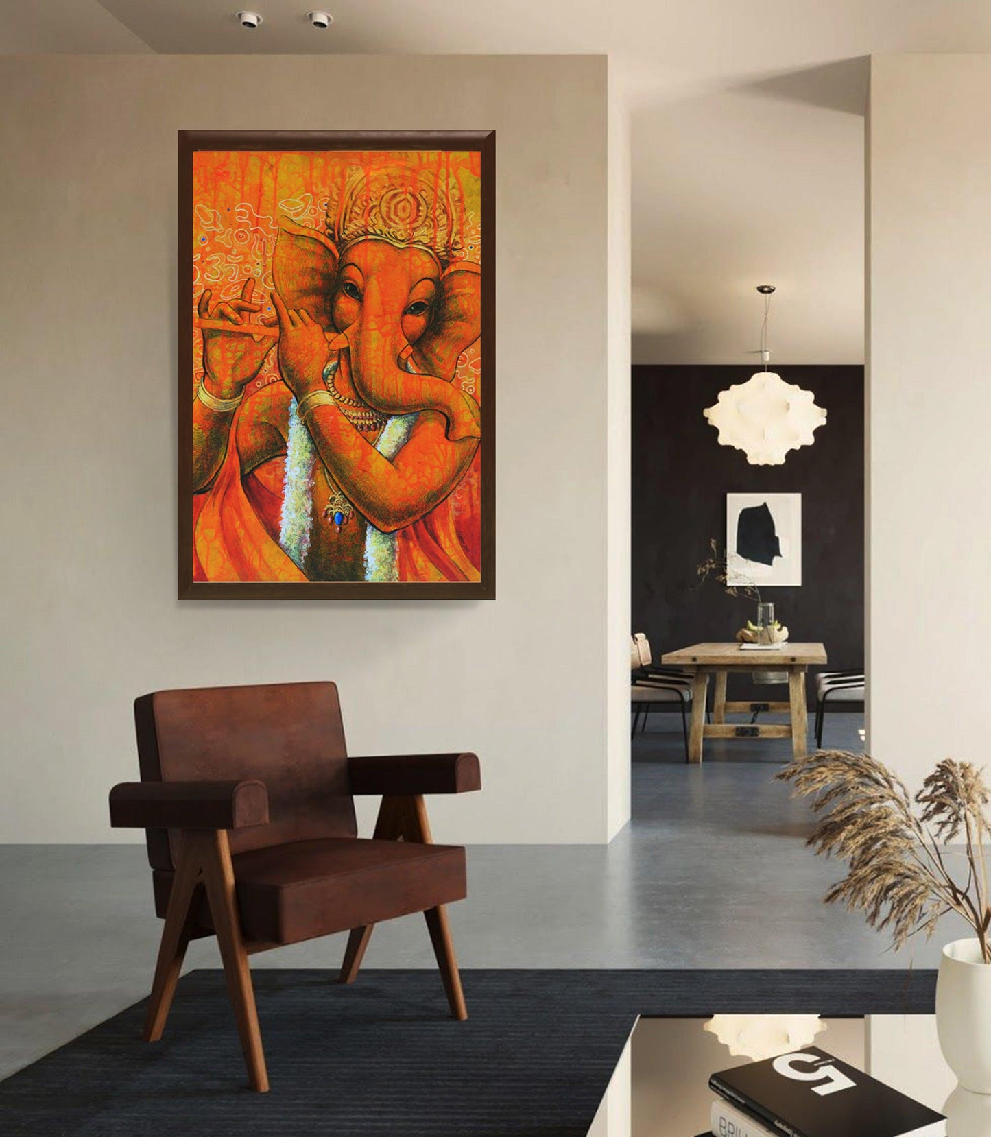 Lord Ganesh with Flute in orange - PRINTS-BF-Ganeshism