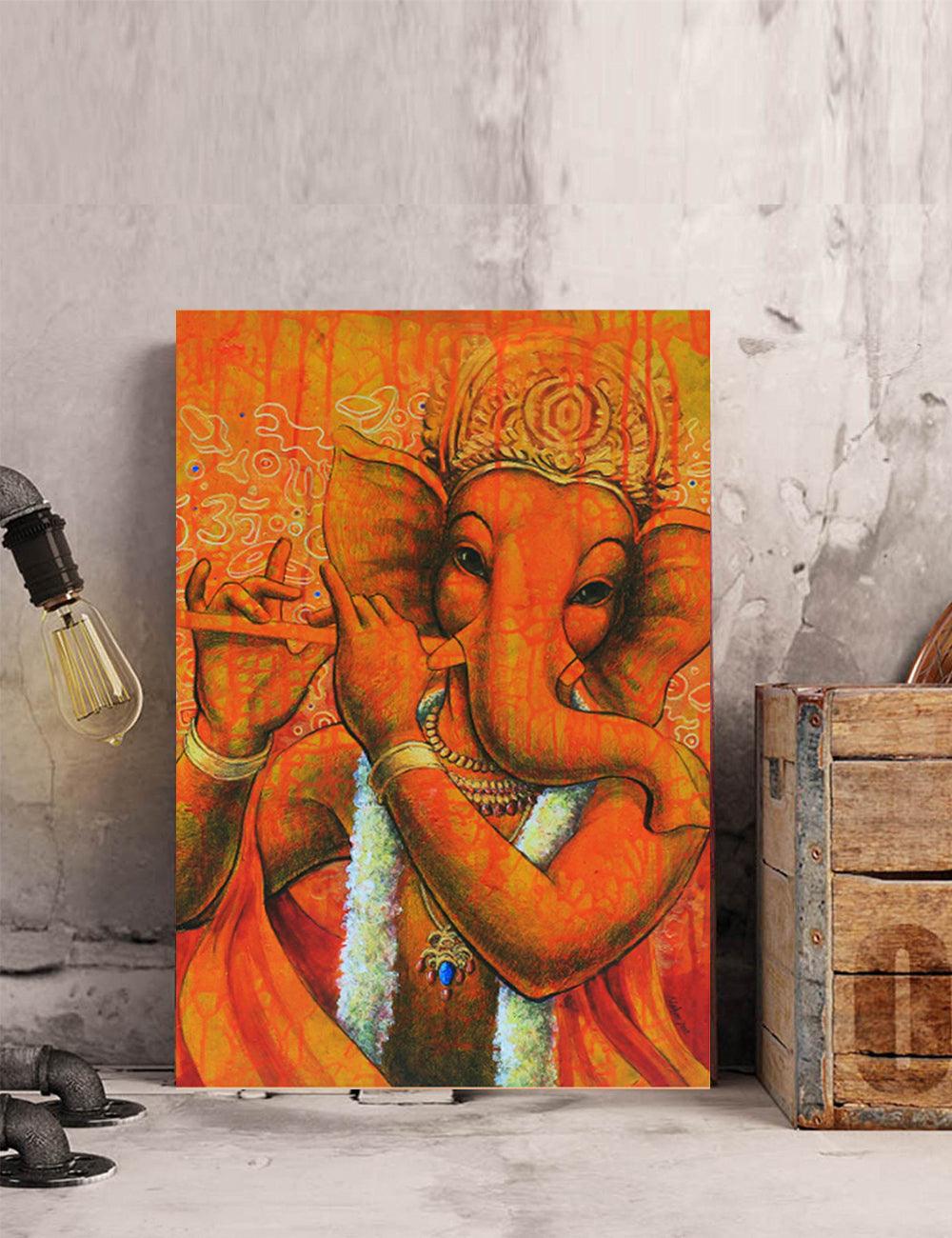 Lord Ganesh with Flute in orange - PRINTS-BF-Ganeshism