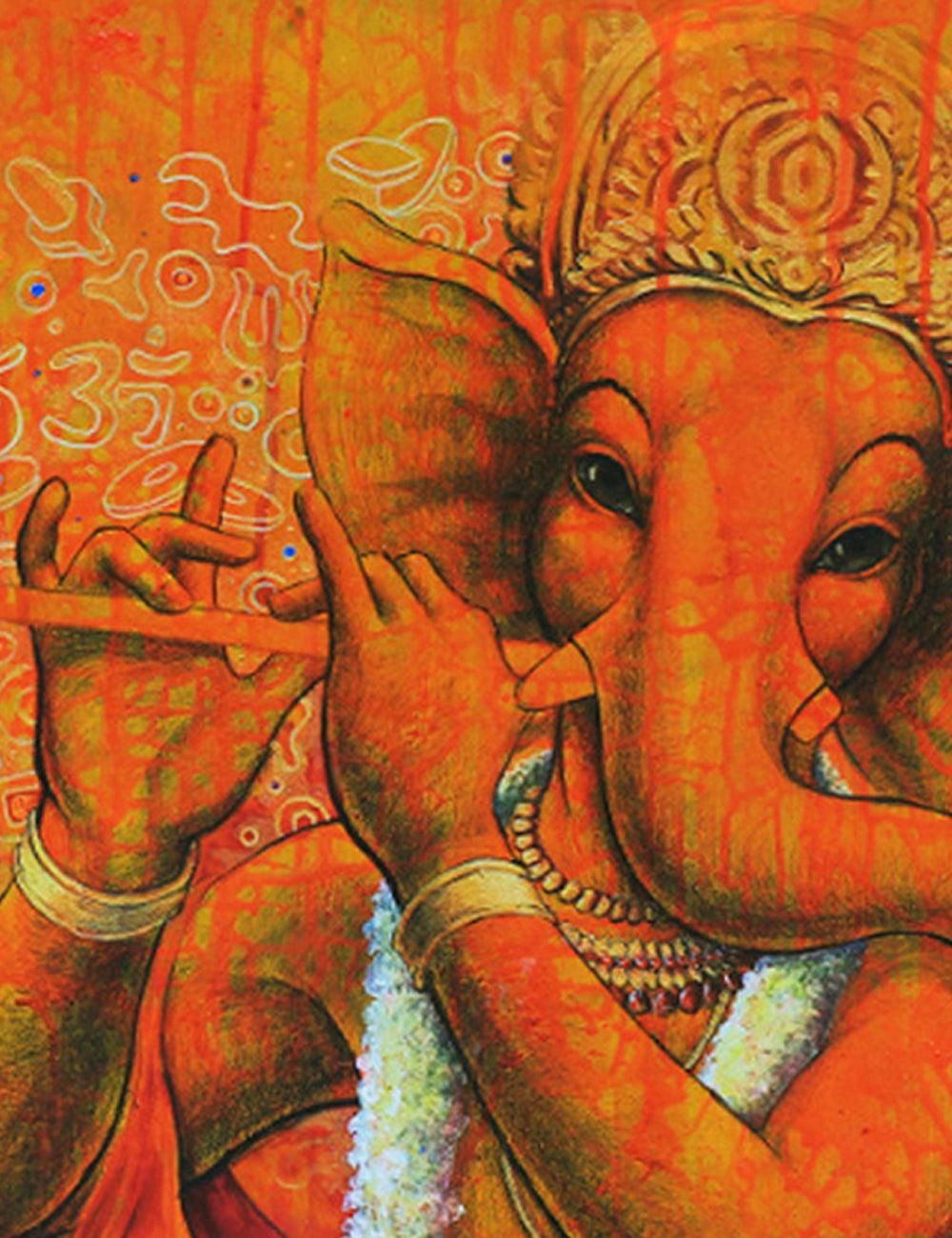 Lord Ganesh with Flute in orange - PRINTS-BF-Ganeshism
