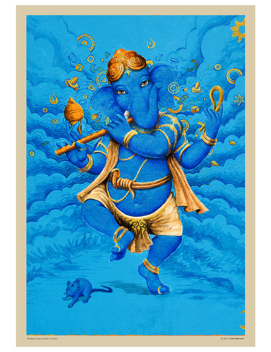 Dancing Lord Ganesh In Blue and Gold - PRINTS-BF-Ganeshism