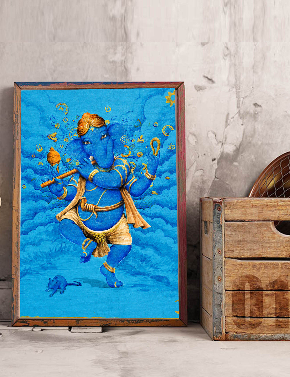 Dancing Lord Ganesh In Blue and Gold - PRINTS-BF-Ganeshism